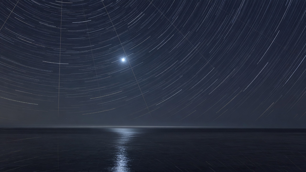 Silver meridians drawn across an ink star chart